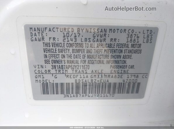 3N1AB7AP6JY211670 2018 NISSAN SENTRA Белый Вид подкапотного пространства