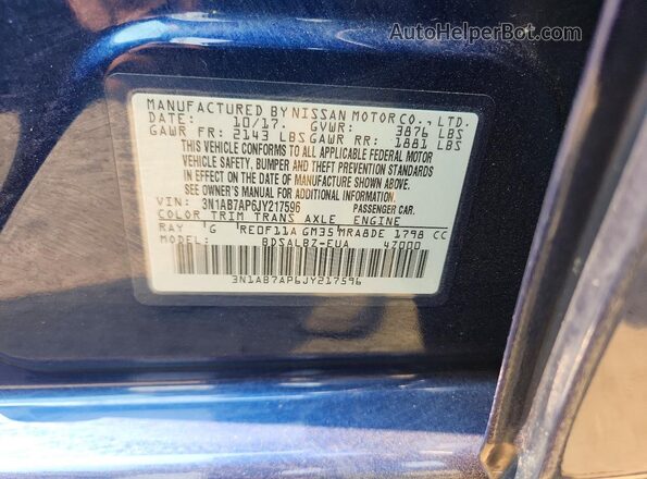 3N1AB7AP6JY217596 2018 NISSAN SENTRA Blue Вид наклейки з VIN-кодом