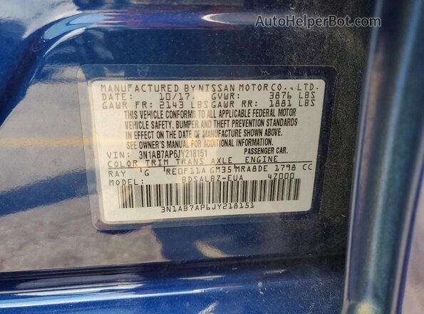 3N1AB7AP6JY218151 2018 NISSAN SENTRA Blue Vista de la etiqueta del VIN
