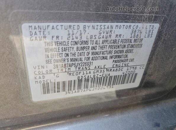 3N1AB7AP6JY226931 2018 NISSAN SENTRA Серый Вид наклейки с VIN-кодом