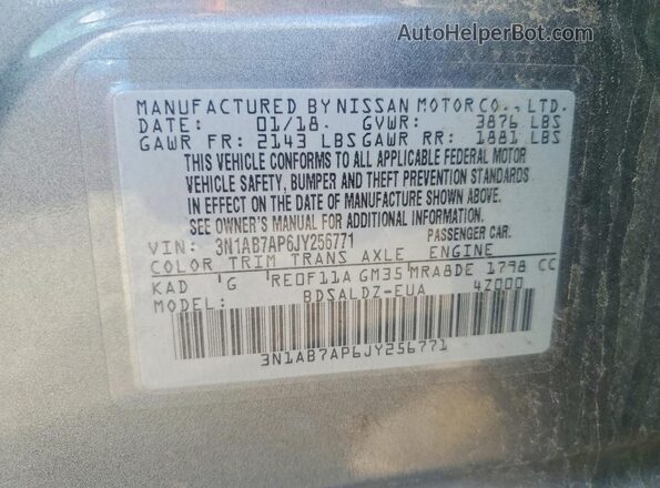 3N1AB7AP6JY256771 2018 NISSAN SENTRA Charcoal ძრავის განყოფილების ხედი