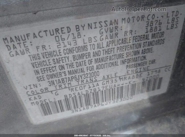 3N1AB7AP6JY323000 2018 NISSAN SENTRA Gray Вид підкапотного простору