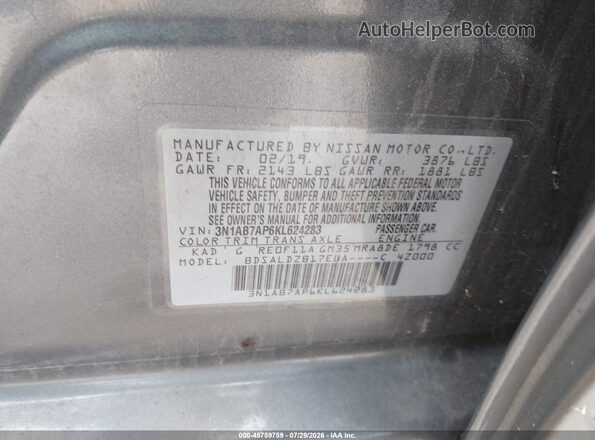 3N1AB7AP6KL624283 2019 NISSAN SENTRA Gray Շարժիչի բաժամունքի տեսք