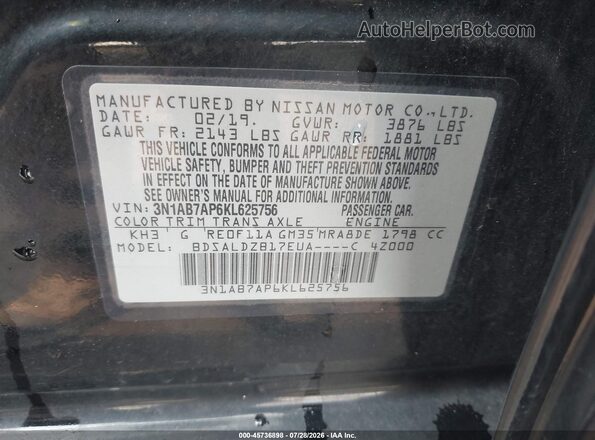 3N1AB7AP6KL625756 2019 NISSAN SENTRA Black ძრავის განყოფილების ხედი