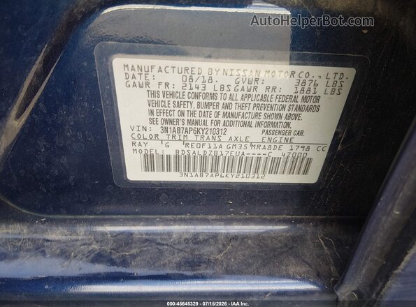 3N1AB7AP6KY210312 2019 NISSAN SENTRA Blue Вид підкапотного простору