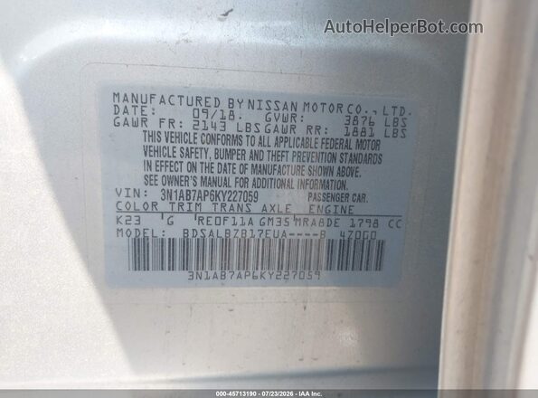 3N1AB7AP6KY227059 2019 NISSAN SENTRA Silver Widok komory silnika