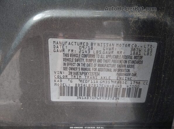 3N1AB7AP6KY237834 2019 NISSAN SENTRA Gray Engine compartment view
