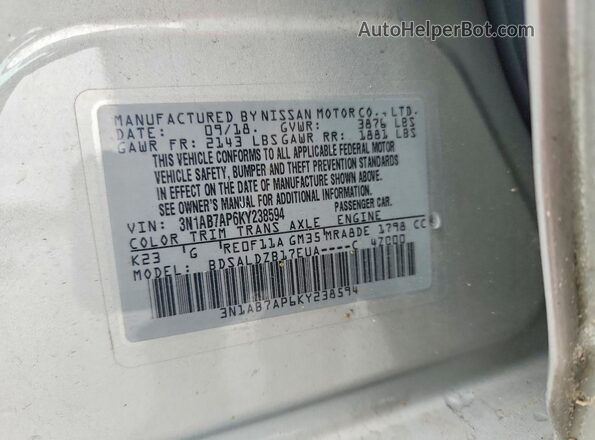 3N1AB7AP6KY238594 2019 NISSAN SENTRA Silver Շարժիչի բաժամունքի տեսք