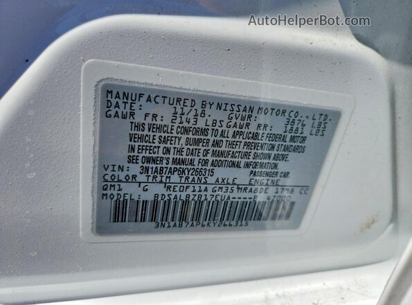 3N1AB7AP6KY266315 2019 NISSAN SENTRA White VIN կոդի պիտակի տեսք