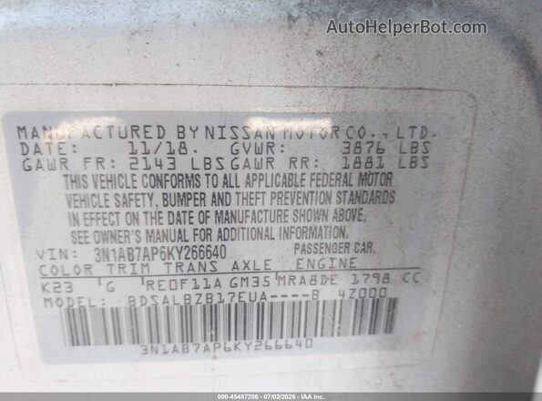 3N1AB7AP6KY266640 2019 NISSAN SENTRA Silver Շարժիչի բաժամունքի տեսք