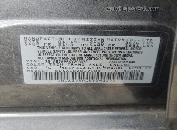 3N1AB7AP6KY290372 2019 NISSAN SENTRA Gray Widok komory silnika