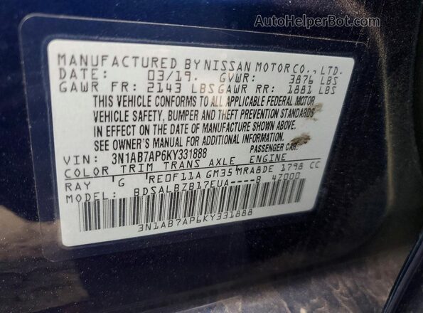 3N1AB7AP6KY331888 2019 NISSAN SENTRA Синий Вид наклейки с VIN-кодом