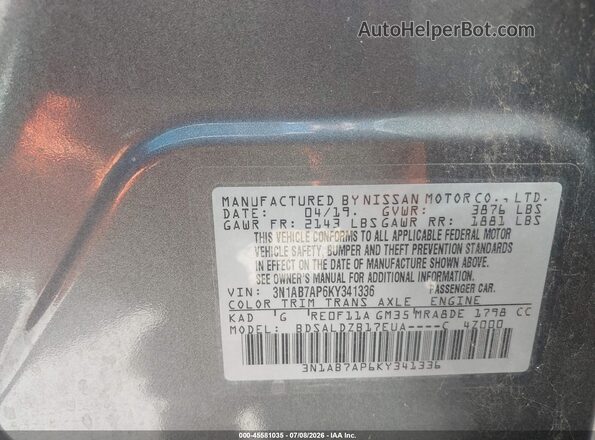 3N1AB7AP6KY341336 2019 NISSAN SENTRA Серый Вид подкапотного пространства