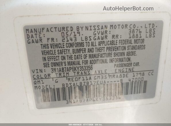 3N1AB7AP6KY353356 2019 NISSAN SENTRA White ძრავის განყოფილების ხედი
