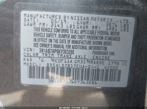 3N1AB7AP6KY363286 2019 NISSAN SENTRA Gray Engine compartment view