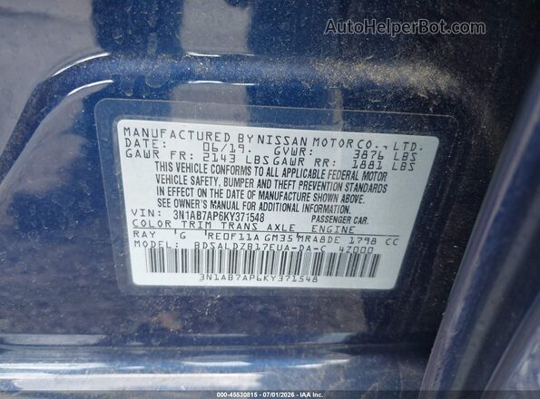 3N1AB7AP6KY371548 2019 NISSAN SENTRA Синий Вид подкапотного пространства
