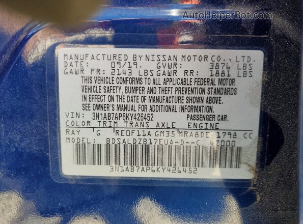 3N1AB7AP6KY426452 2019 NISSAN SENTRA Blue Vista del compartimento del motor