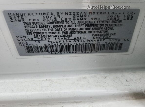3N1AB7AP6KY436348 2019 NISSAN SENTRA White Widok naklejki z numerem VIN
