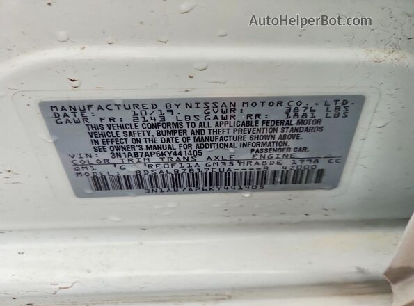 3N1AB7AP6KY441405 2019 NISSAN SENTRA White Widok komory silnika