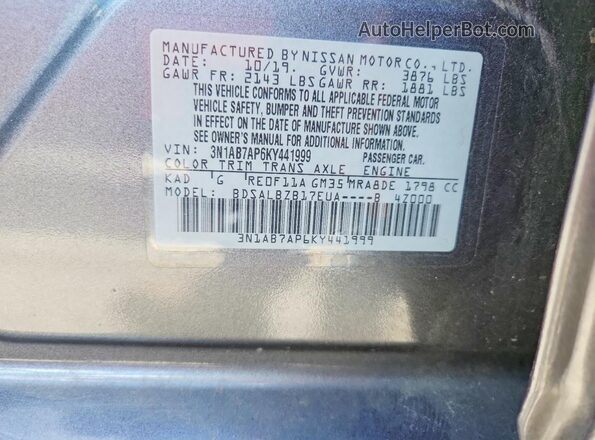 3N1AB7AP6KY441999 2019 NISSAN SENTRA Charcoal Widok naklejki z numerem VIN