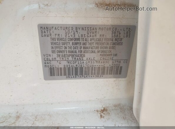 3N1AB7AP6KY443834 2019 NISSAN SENTRA White Vista del compartimento del motor