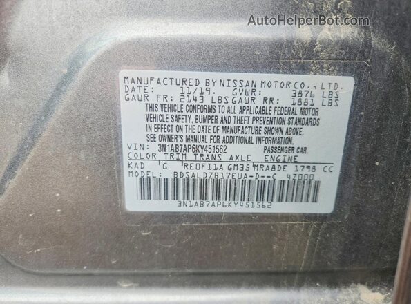 3N1AB7AP6KY451562 2019 NISSAN SENTRA Gray VIN კოდის სტიკერის ხედი