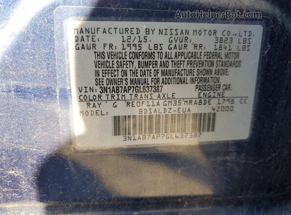 3N1AB7AP7GL637387 2016 NISSAN SENTRA Blue ძრავის განყოფილების ხედი