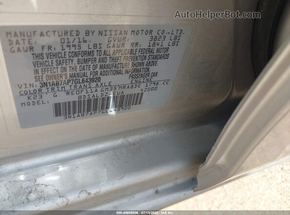 3N1AB7AP7GL643920 2016 NISSAN SENTRA Silver ძრავის განყოფილების ხედი