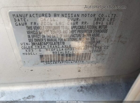 3N1AB7AP7GL678778 2016 NISSAN SENTRA Silver Engine compartment view