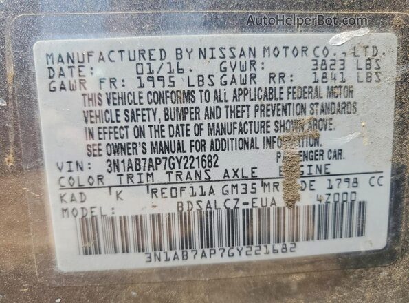 3N1AB7AP7GY221682 2016 NISSAN SENTRA Gray VIN կոդի պիտակի տեսք