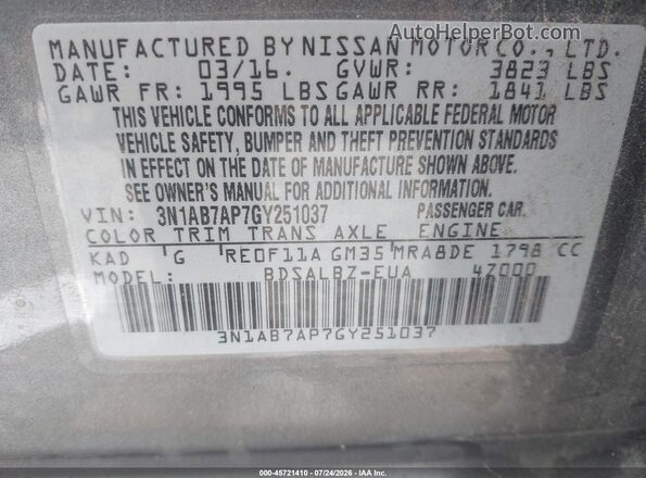 3N1AB7AP7GY251037 2016 NISSAN SENTRA Серый Вид подкапотного пространства