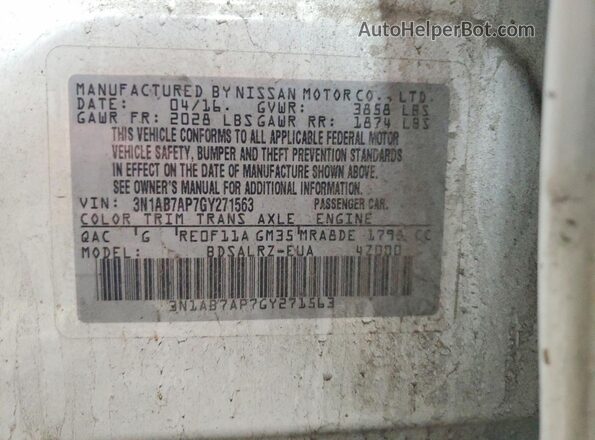 3N1AB7AP7GY271563 2016 NISSAN SENTRA White ძრავის განყოფილების ხედი