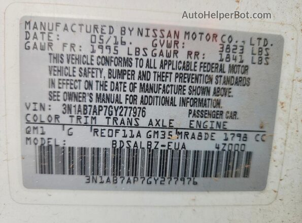 3N1AB7AP7GY277976 2016 NISSAN SENTRA White Engine compartment view
