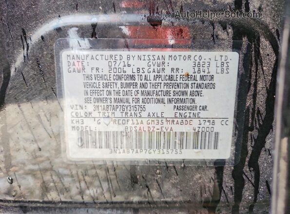 3N1AB7AP7GY315755 2016 NISSAN SENTRA Black VIN կոդի պիտակի տեսք