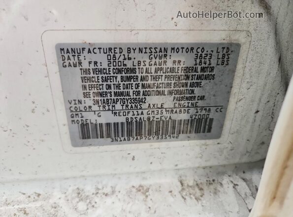 3N1AB7AP7GY335942 2016 NISSAN SENTRA White VIN კოდის სტიკერის ხედი