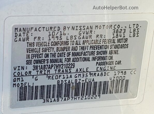 3N1AB7AP7HY210229 2017 NISSAN SENTRA White Vista del compartimento del motor