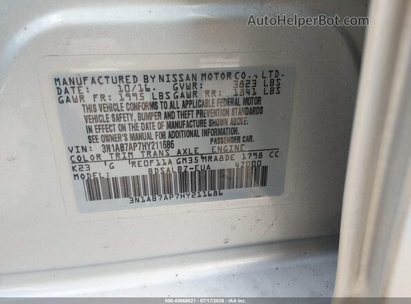 3N1AB7AP7HY211686 2017 NISSAN SENTRA Silver ძრავის განყოფილების ხედი