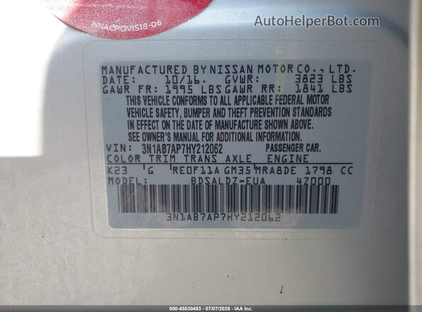 3N1AB7AP7HY212062 2017 NISSAN SENTRA Silver ძრავის განყოფილების ხედი
