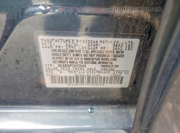 3N1AB7AP7HY228455 2017 NISSAN SENTRA Blue Вид наклейки з VIN-кодом