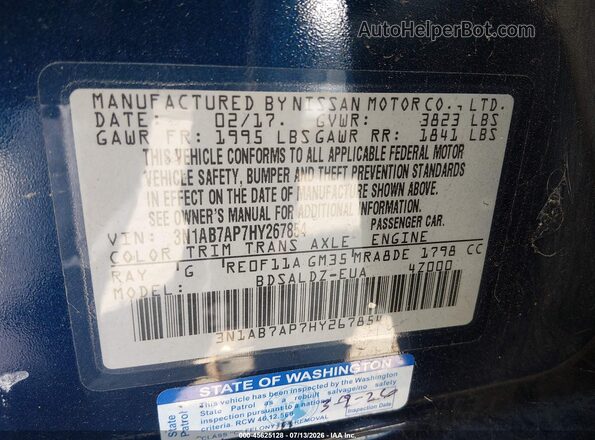 3N1AB7AP7HY267854 2017 NISSAN SENTRA Blue ძრავის განყოფილების ხედი