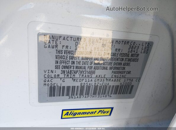 3N1AB7AP7HY314896 2017 NISSAN SENTRA White Vista del compartimento del motor