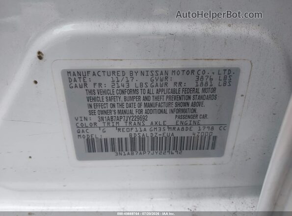 3N1AB7AP7JY229692 2018 NISSAN SENTRA White Engine compartment view
