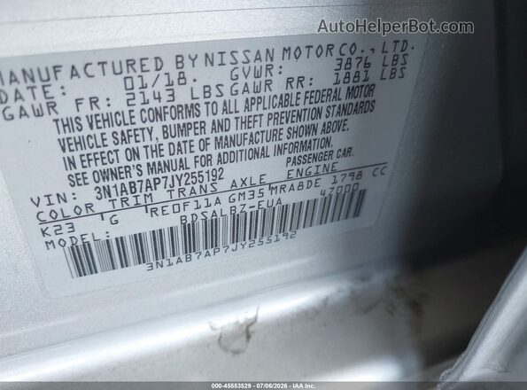 3N1AB7AP7JY255192 2018 NISSAN SENTRA Silver Engine compartment view