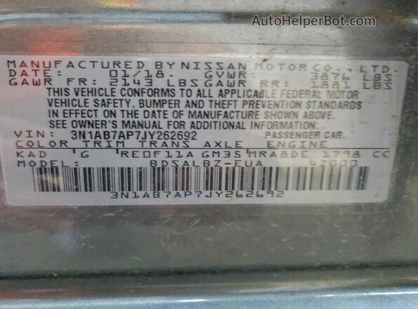 3N1AB7AP7JY262692 2018 NISSAN SENTRA Gray Widok naklejki z numerem VIN