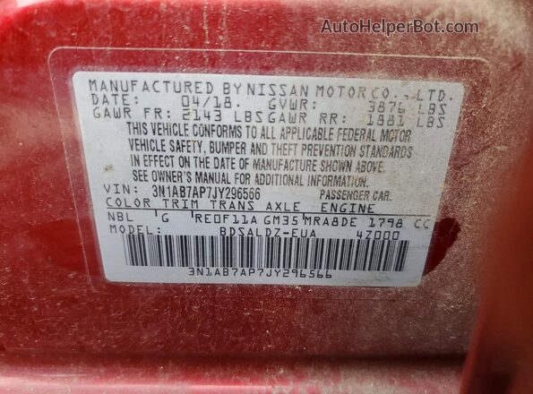 3N1AB7AP7JY296566 2018 NISSAN SENTRA Red Engine compartment view