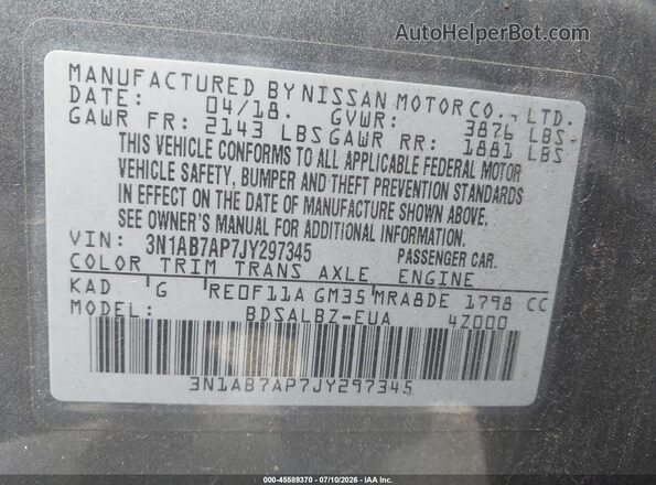 3N1AB7AP7JY297345 2018 NISSAN SENTRA Gray Շարժիչի բաժամունքի տեսք