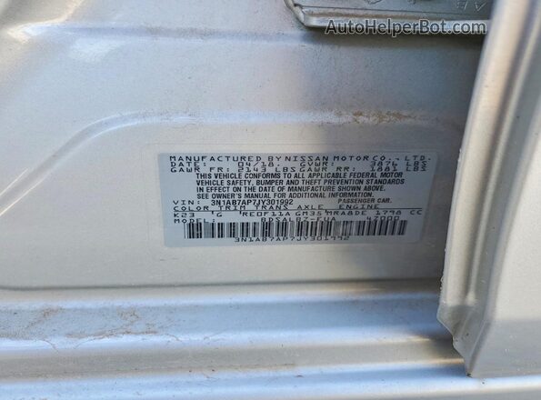 3N1AB7AP7JY301992 2018 NISSAN SENTRA Gray VIN կոդի պիտակի տեսք