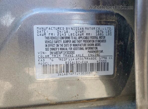 3N1AB7AP7JY303080 2018 NISSAN SENTRA Gray VIN კოდის სტიკერის ხედი