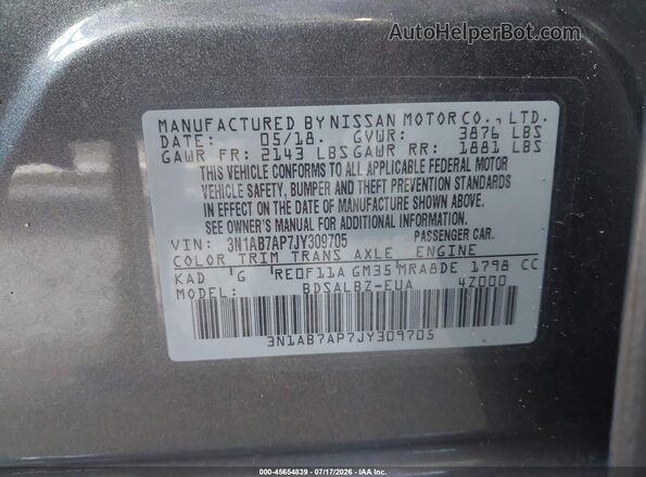 3N1AB7AP7JY309705 2018 NISSAN SENTRA Серый Вид подкапотного пространства