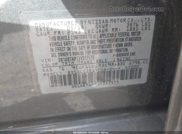 3N1AB7AP7JY317979 2018 NISSAN SENTRA Серый Вид подкапотного пространства